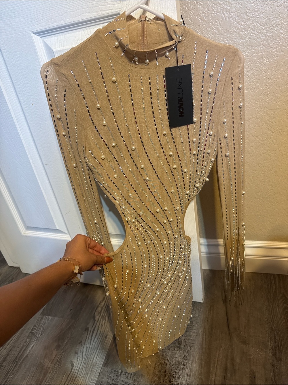 Gold Embellished Long-Sleeve Cutout Dress